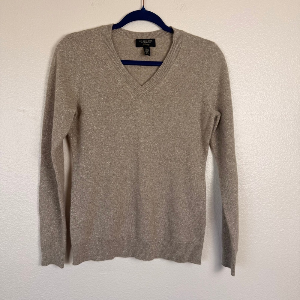 Charter Club Cashmere V-Neck Sweater Womens‎ S Champagne Gold Minimalist Shimmer